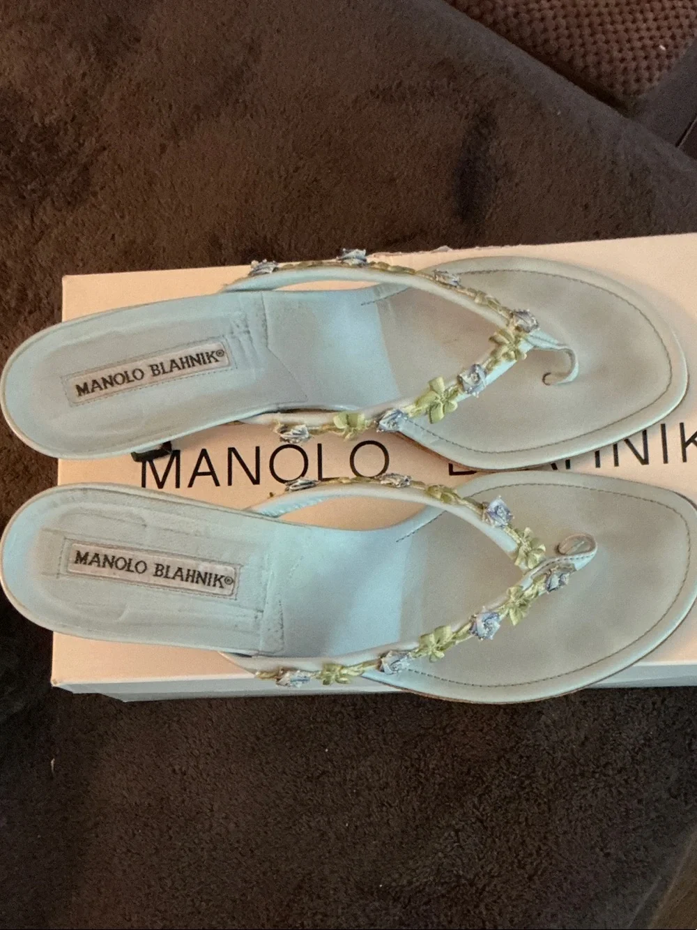 Vintage Manolo Blahnik Pale Blue Floral-Embellished Thong Sandals